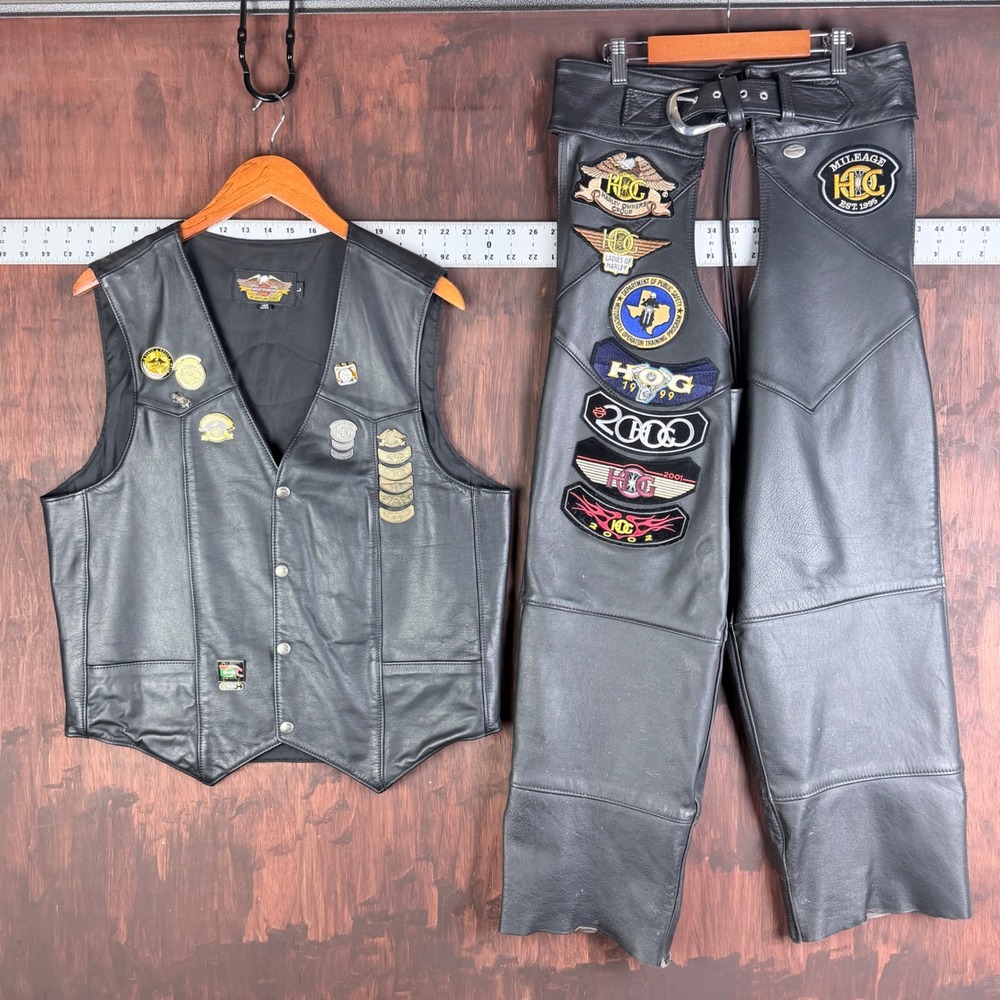 Harley Davidson Leather Vest Chaps Set USA H.O.G. Patches Pins Black Women L/M‎